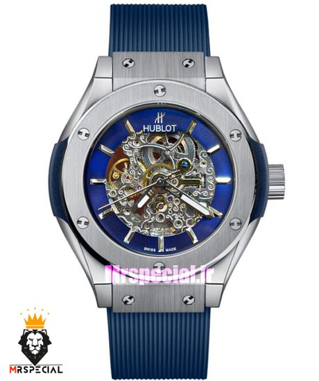 ساعت مچی مردانه هابلوت اتوماتیک بند رابر ابی صفحه اسکلتون ابی HUBLOT BIG BANG 02059
