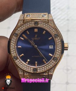 ساعت هابلوت زنانه اتوماتیک بند رابر ابی فول نگین رزگلد صفحه ابی HUBLOT BIG BANG 021177 