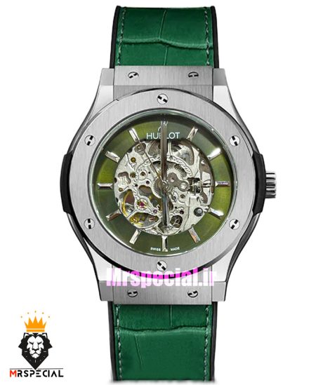 ساعت مردانه هابلوت اتوماتیک بند چرم سبز صفحه اسکلتون سبز HUBLOT BIG BANG 020340