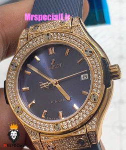 ساعت هابلوت زنانه اتوماتیک بند رابر ابی فول نگین رزگلد صفحه ابی HUBLOT BIG BANG 021177 
