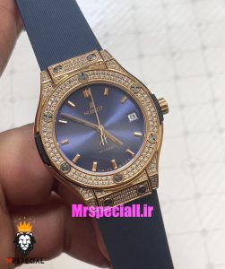 ساعت هابلوت زنانه اتوماتیک بند رابر ابی فول نگین رزگلد صفحه ابی HUBLOT BIG BANG 021177