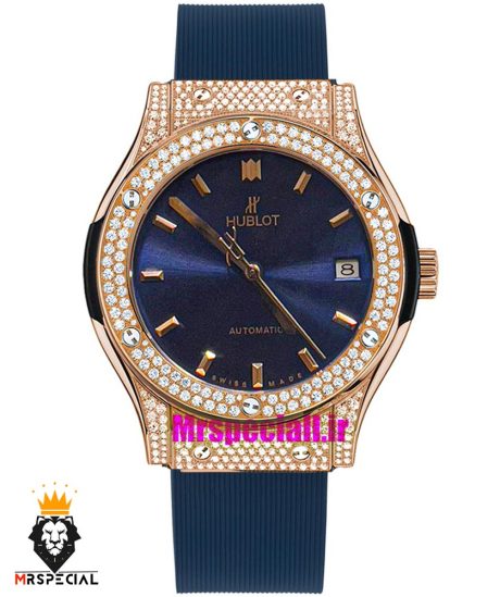ساعت هابلوت زنانه اتوماتیک بند رابر ابی فول نگین رزگلد صفحه ابی HUBLOT BIG BANG 021177