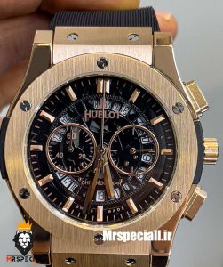 ساعت مچی مردانه هابلوت کرنوگراف رزگلد بند رابر صفحه مشکی اسکلتون HUBLOT BIG BANG 021222
