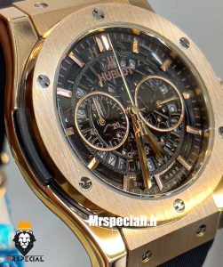 ساعت مچی مردانه هابلوت کرنوگراف رزگلد بند رابر صفحه مشکی اسکلتون HUBLOT BIG BANG 021222