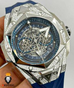 ساعت مچی مردانه هابلوت کهکشانی استیل فول نگین بند رابر صفحه ابی HUBLOT Sang Bleu 01044