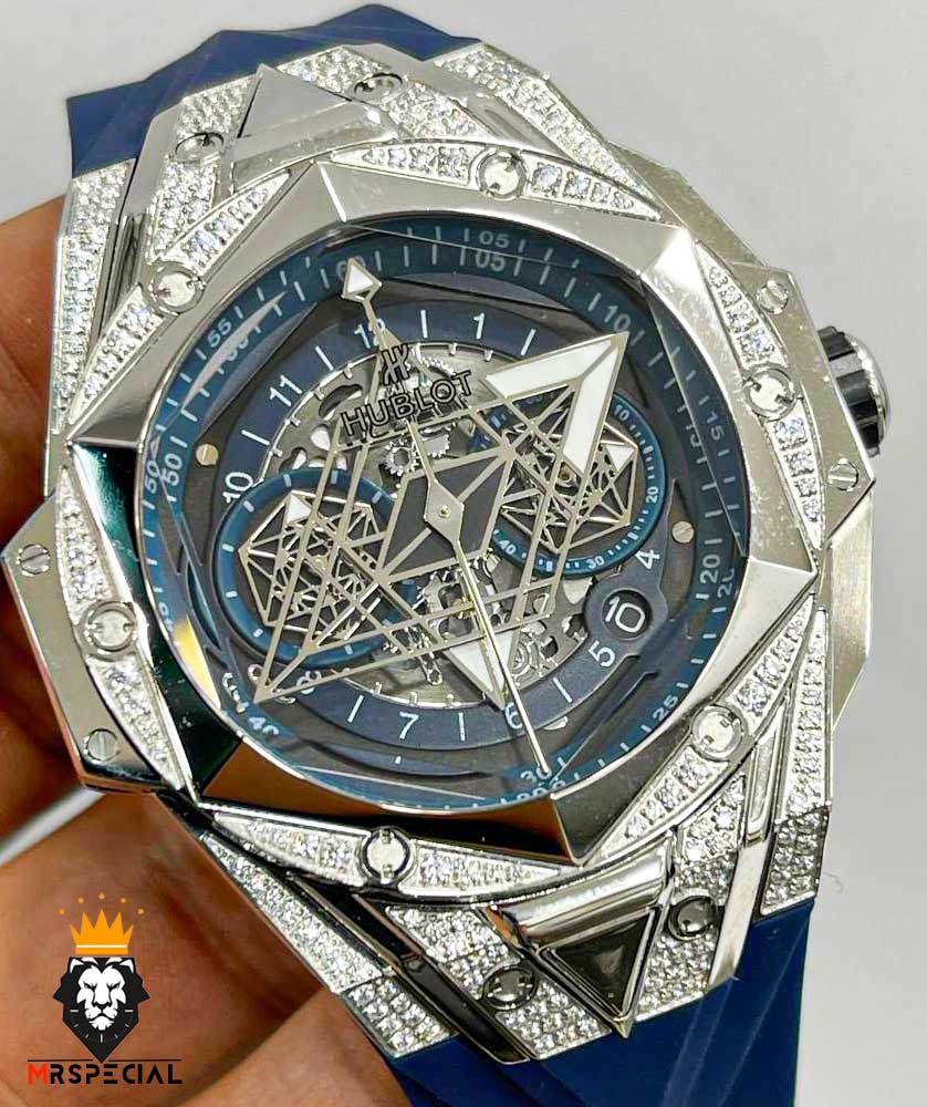 ساعت مچی مردانه هابلوت کهکشانی استیل فول نگین بند رابر صفحه ابی HUBLOT Sang Bleu 01044