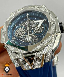 ساعت مچی مردانه هابلوت کهکشانی استیل فول نگین بند رابر صفحه ابی HUBLOT Sang Bleu 01044