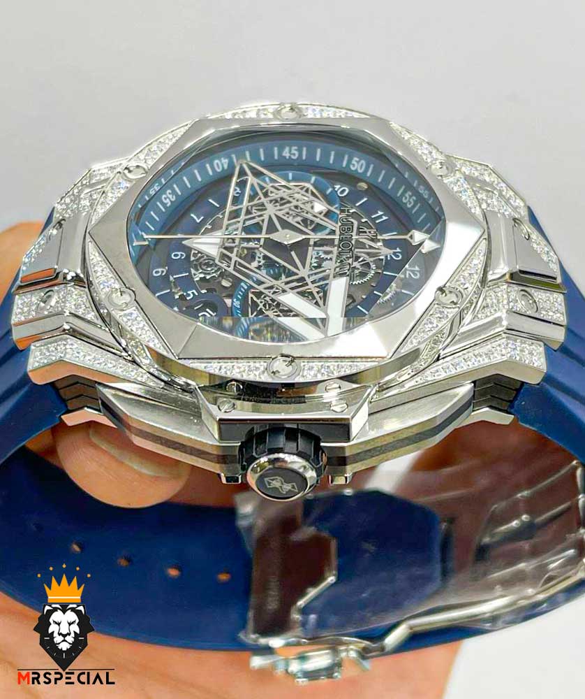 ساعت مچی مردانه هابلوت کهکشانی استیل فول نگین بند رابر صفحه ابی HUBLOT Sang Bleu 01044
