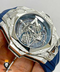 ساعت مچی مردانه هابلوت کهکشانی استیل فول نگین بند رابر صفحه ابی HUBLOT Sang Bleu 01044