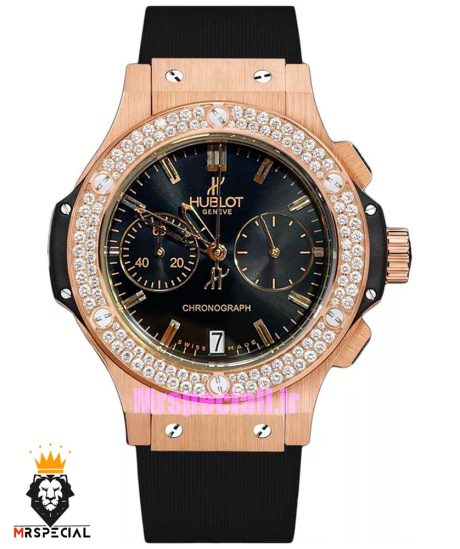 ساعت مچی زنانه هابلوت قاب نگین کرنوگراف رزگلد صفحه مشکی HUBLOT BIG BANG 0969