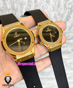 ساعت ست هابلوت مردانه و زنانه کوارتز قاب طلایی بند رابر مشکی صفحه مشکی 021350 HUBLOT BIG BANG 