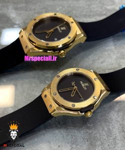 ساعت ست هابلوت مردانه و زنانه کوارتز قاب طلایی بند رابر مشکی صفحه مشکی 021350 HUBLOT BIG BANG 