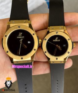 ساعت ست هابلوت مردانه و زنانه کوارتز قاب طلایی بند رابر مشکی صفحه مشکی 021350 HUBLOT BIG BANG 