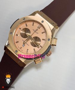 ساعت هابلوت مردانه بیگ بنگ کرنوگراف رزگلد بند رابر قهوه ای صفحه رزگلد 021075 HUBLOT BIG BANG 