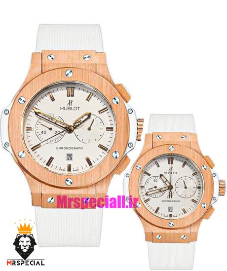 ساعت ست هابلوت مردانه و زنانه کرنوگراف رزگلد بند رابر سفید صفحه سفید 021077 HUBLOT BIG BANG