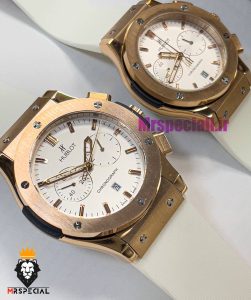 ساعت ست هابلوت مردانه و زنانه کرنوگراف رزگلد بند رابر سفید صفحه سفید 021077 HUBLOT BIG BANG