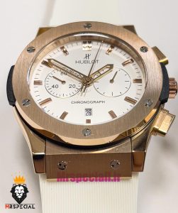 ساعت ست هابلوت مردانه و زنانه کرنوگراف رزگلد بند رابر سفید صفحه سفید 021077 HUBLOT BIG BANG