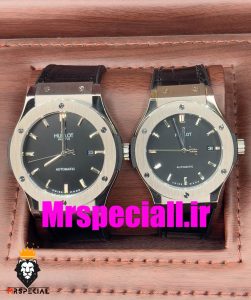 ساعت ست مردانه و زنانه هابلوت اتوماتیک بند مشکی قاب استیل صفحه مشکی HUBLOT BIG BANG 020675