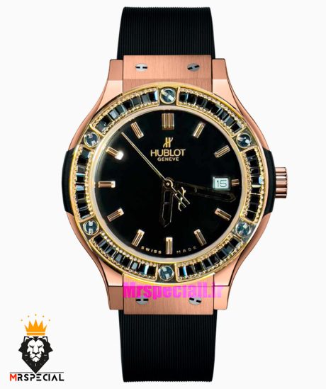 ساعت هابلوت زنانه رزگلد نگین باگت مشکی بند رابر مشکی صفحه مشکی HUBLOT BIG BANG 021219