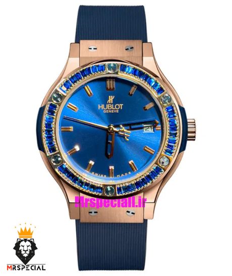 ساعت هابلوت زنانه رزگلد نگین باگت ابی بند رابر ابی صفحه ابی HUBLOT BIG BANG 021218