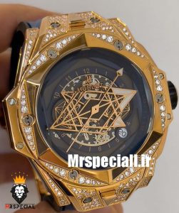 ساعت مچی مردانه هابلوت رزگلد فول نگین 020546 Hublot Unico Sang Bleu ll Diamonds