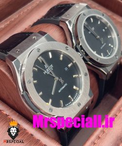 ساعت ست مردانه و زنانه هابلوت اتوماتیک بند مشکی قاب استیل صفحه مشکی HUBLOT BIG BANG 020675