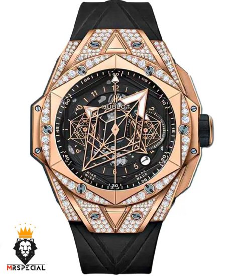 ساعت مچی مردانه هابلوت رزگلد فول نگین 6598 Hublot Unico Sang Bleu ll Diamonds