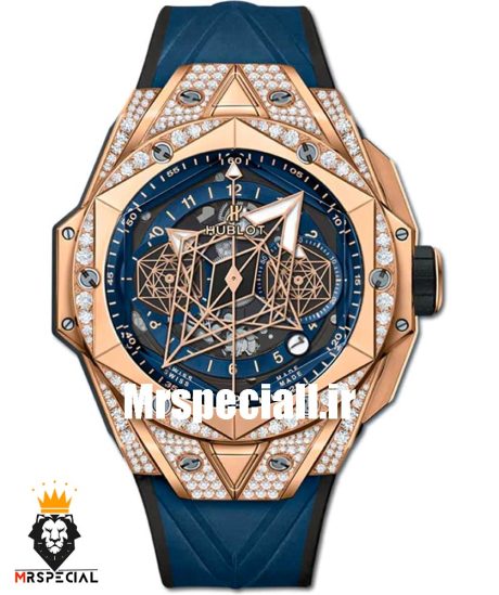 ساعت مچی مردانه هابلوت رزگلد فول نگین 020546 Hublot Unico Sang Bleu ll Diamonds