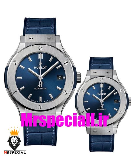 ساعت ست مردانه و زنانه هابلوت اتوماتیک بند ابی قاب استیل صفحه ابی HUBLOT BIG BANG 020676