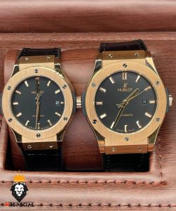 ساعت ست مردانه و زنانه هابلوت اتوماتیک بند مشکی قاب رزگلد صفحه مشکی HUBLOT BIG BANG 01619