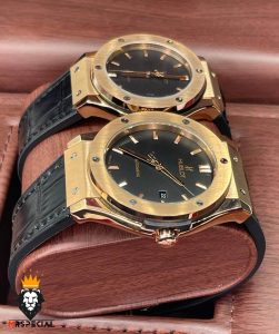 ساعت ست مردانه و زنانه هابلوت اتوماتیک بند مشکی قاب رزگلد صفحه مشکی HUBLOT BIG BANG 01619