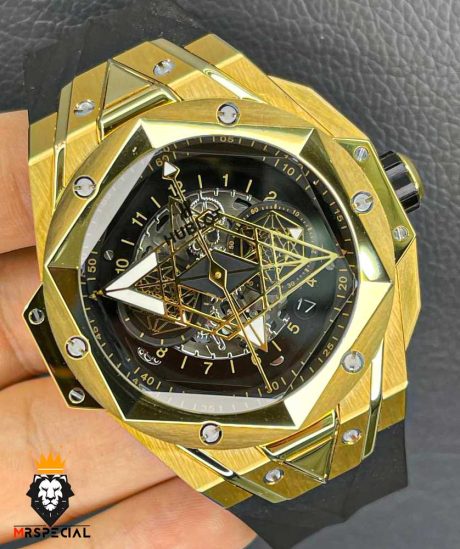 ساعت هابلوت مردانه مدل کهکشانی کرنوگراف طلایی بند رابر صفحه مشکی HUBLOT Sang Bleu 0934