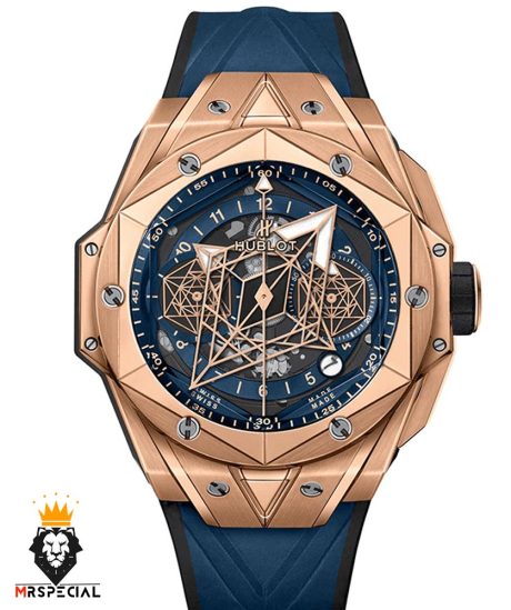 ساعت مچی مردانه هابلوت کهکشانی پشت شیشه ای رزگلد بند رابر ابی HUBLOT Sang Bleu 0935