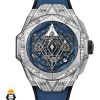 ساعت مچی مردانه هابلوت کهکشانی استیل فول نگین بند رابر صفحه ابی HUBLOT Sang Bleu 01044