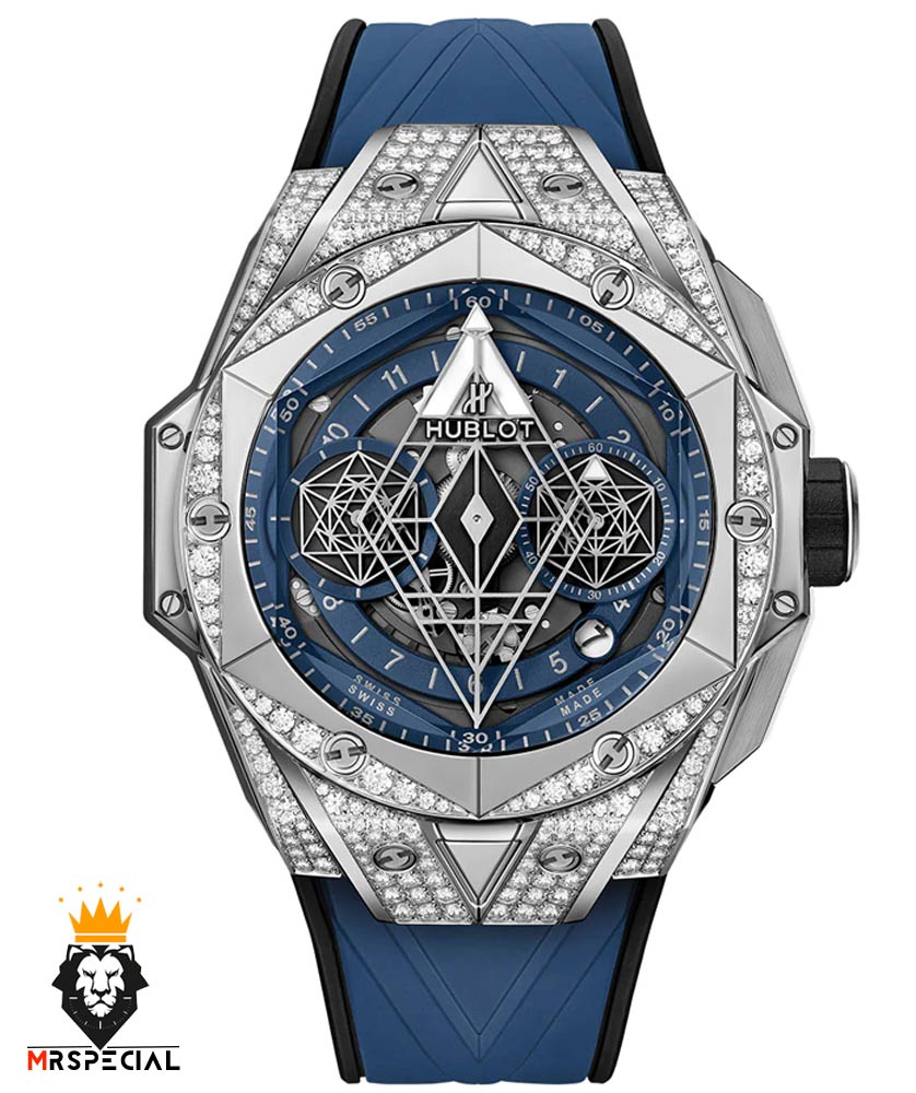 ساعت مچی مردانه هابلوت کهکشانی استیل فول نگین بند رابر صفحه ابی HUBLOT Sang Bleu 01044