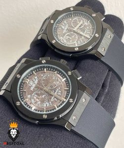 ساعت ست هابلوت مردانه و زنانه کرنوگراف مشکی صفحه اسکلتون 0962 HUBLOT BIG BANG