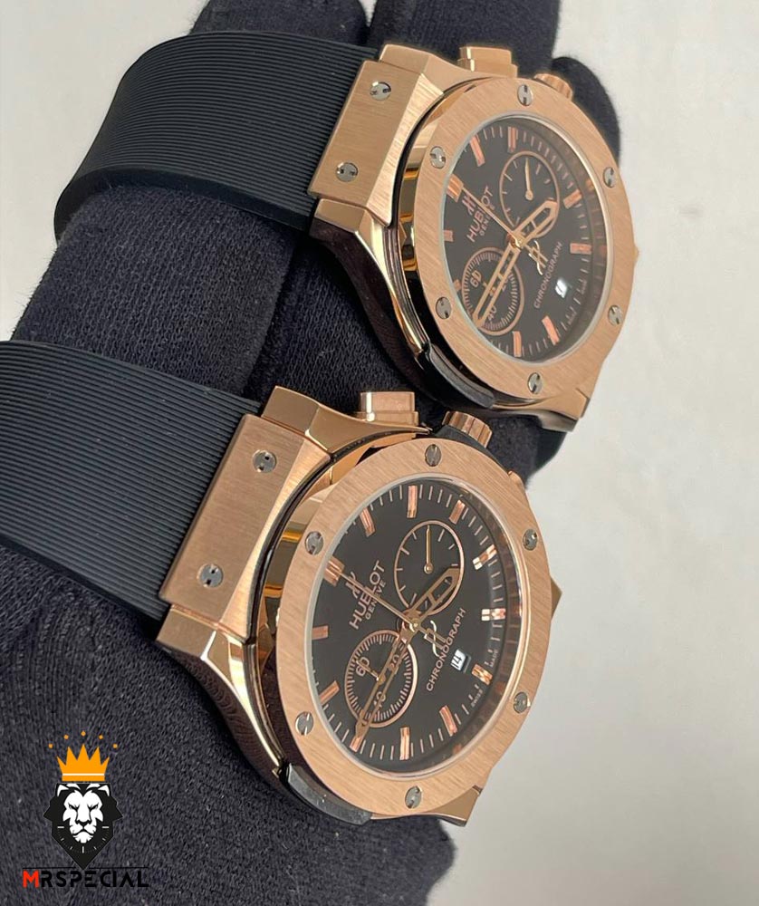 ساعت ست هابلوت مردانه و زنانه کرنوگراف رزگلد صفحه مشکی 0949 HUBLOT BIG BANG