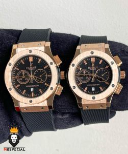 ساعت ست هابلوت مردانه و زنانه کرنوگراف رزگلد صفحه مشکی 0949 HUBLOT BIG BANG