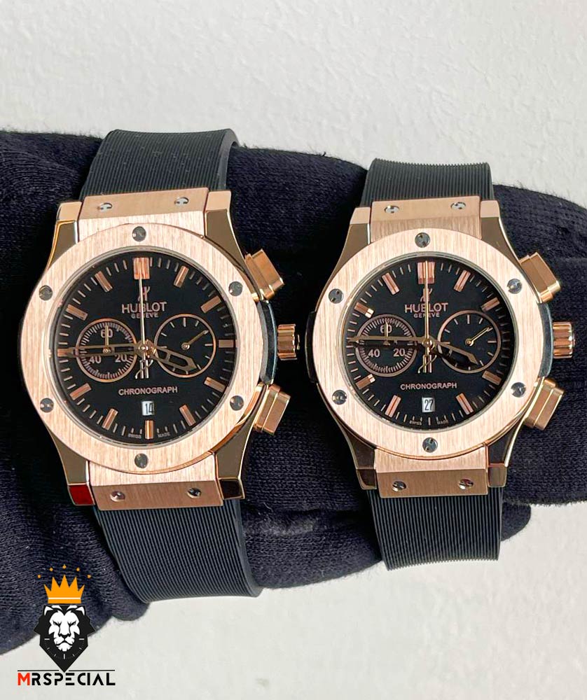 ساعت ست هابلوت مردانه و زنانه کرنوگراف رزگلد صفحه مشکی 0949 HUBLOT BIG BANG