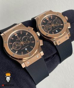 ساعت ست هابلوت مردانه و زنانه کرنوگراف رزگلد صفحه مشکی 0949 HUBLOT BIG BANG