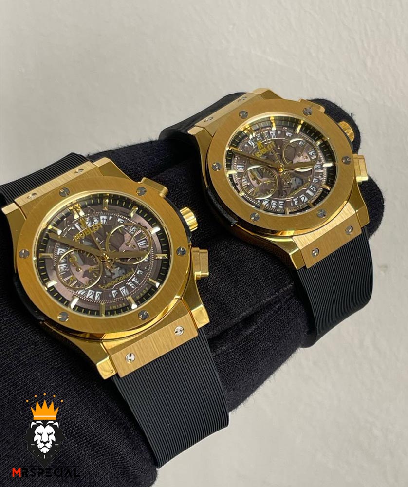 ساعت ست هابلوت مردانه و زنانه کرنوگراف طلایی صفحه اسکلتون 6629 HUBLOT BIG BANG