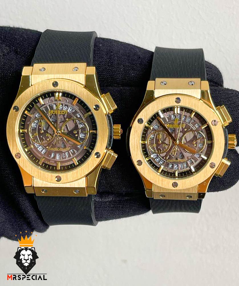 ساعت ست هابلوت مردانه و زنانه کرنوگراف طلایی صفحه اسکلتون 6629 HUBLOT BIG BANG