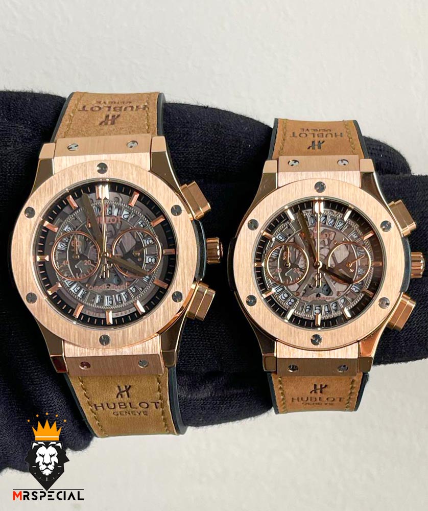 ساعت ست هابلوت مردانه و زنانه کرنوگراف رزگلد صفحه اسکلتون 6630 HUBLOT BIG BANG