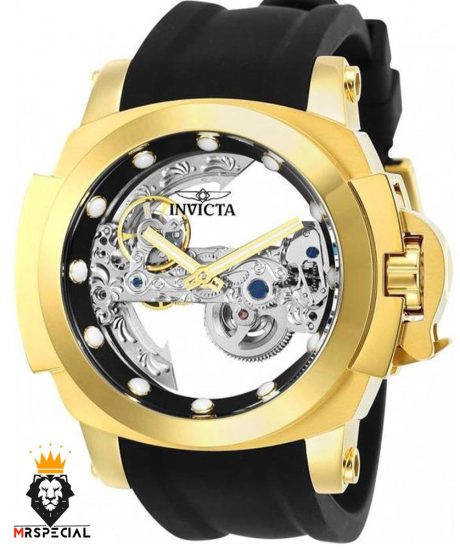 ساعت مچی مردانه اینویکتا اتوماتیک صفحه شیشه ای طلایی بند رابر 0845 INVICTA