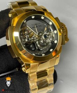 ساعت اینویکتا مردانه اتوماتیک طلایی صفحه شیشه ای اسکلتون زه مشکی 0213 INVICTA Automatic