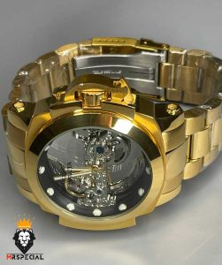 ساعت اینویکتا مردانه اتوماتیک طلایی صفحه شیشه ای اسکلتون زه مشکی 0213 INVICTA Automatic