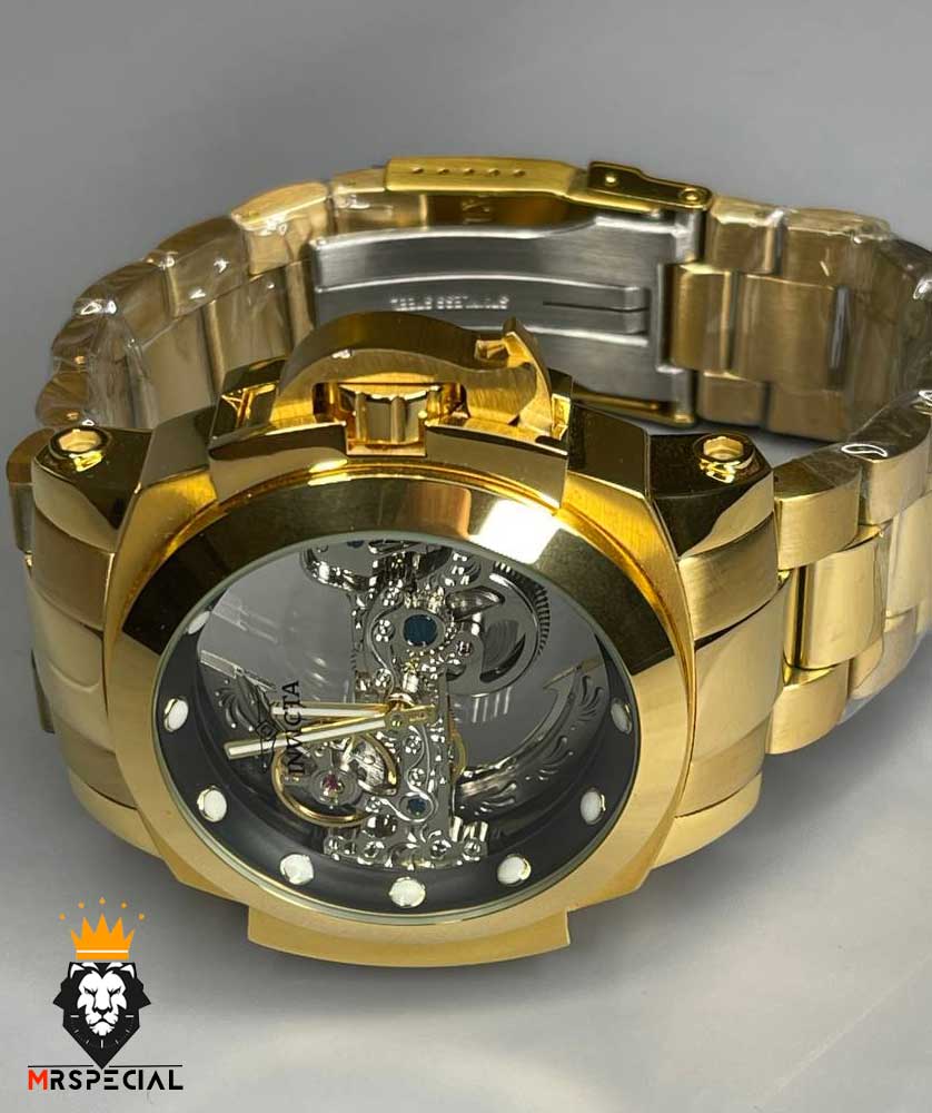 ساعت اینویکتا مردانه اتوماتیک طلایی صفحه شیشه ای اسکلتون زه مشکی 0213 INVICTA Automatic