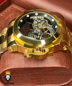 ساعت اینویکتا مردانه اتوماتیک طلایی صفحه شیشه ای اسکلتون زه مشکی 0213 INVICTA Automatic