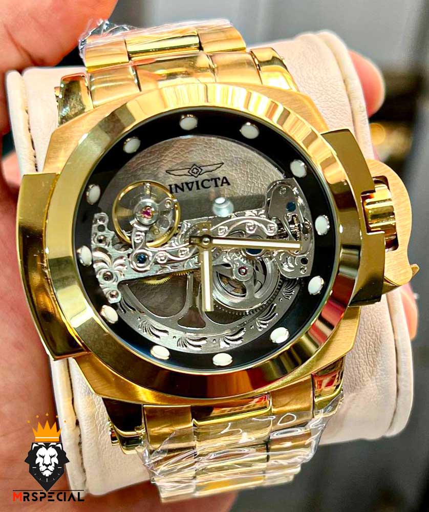 ساعت اینویکتا مردانه اتوماتیک طلایی صفحه شیشه ای اسکلتون زه مشکی 0213 INVICTA Automatic