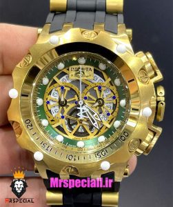 ساعت اینویکتا مردانه هیبرید طلایی کرنوگراف بند رابر مشکی صفحه سبز INVICTA Hybrid 021389 
